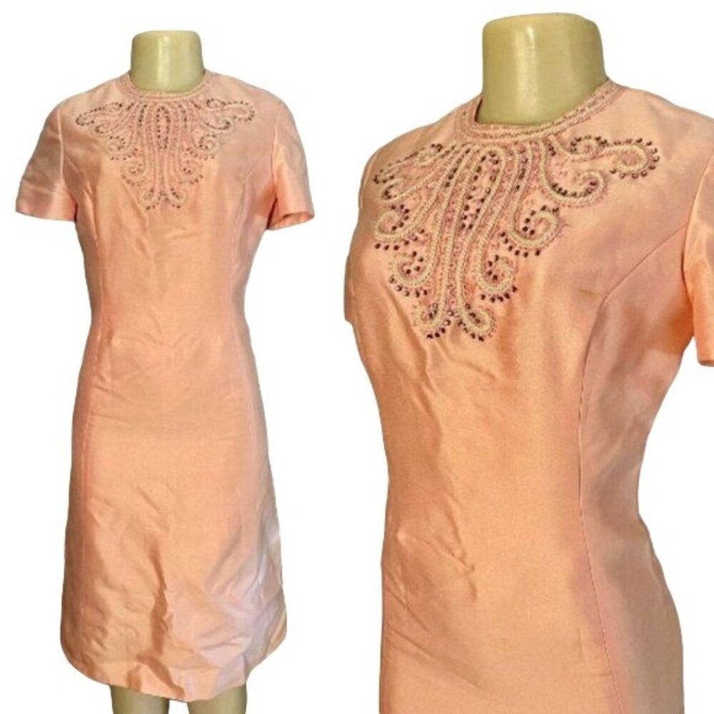 1960s Gino Charles Cocktail Dress size S Pink with sequins mid century.